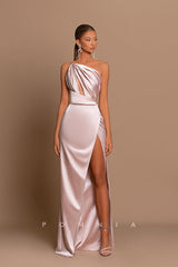 P1222 - One Shoulder Sleeveless Side Slit Satin Long Prom Party Evening Dress