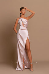 P1222 - One Shoulder Sleeveless Side Slit Satin Long Prom Party Evening Dress