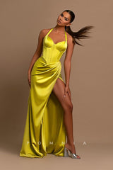 P1223 - Halter Sweetheart Pleats High Slit Satin Prom Party Evening Dress