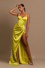 P1223 - Halter Sweetheart Pleats High Slit Satin Prom Party Evening Dress