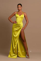 P1223 - Halter Sweetheart Pleats High Slit Satin Prom Party Evening Dress