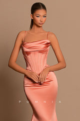 P1224 - Spaghetti Straps Mermaid Pleats Satin Long Party Evening Prom Dress
