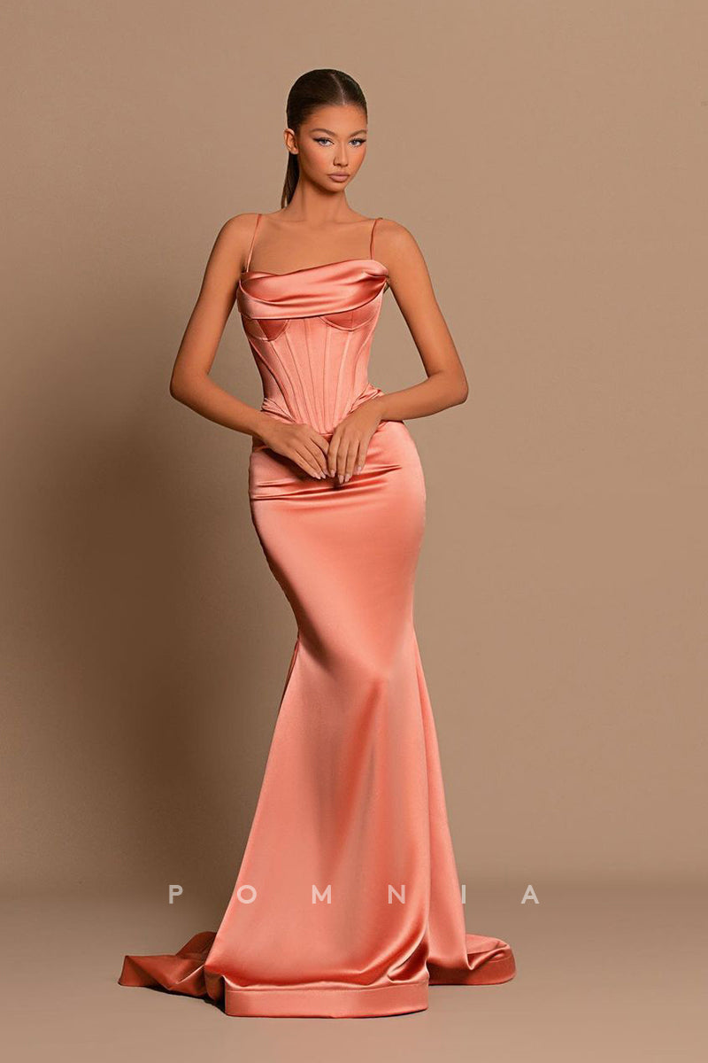 P1224 - Spaghetti Straps Mermaid Pleats Satin Long Party Evening Prom Dress