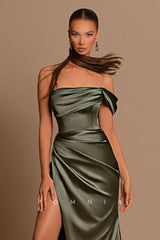 P1225 - Off-Shoulder Cap Sleeves Pleats Side Split Long Evening Prom Dress