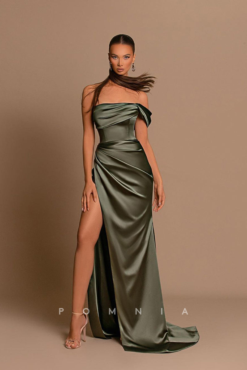 P1225 - Off-Shoulder Cap Sleeves Pleats Side Split Long Evening Prom Dress