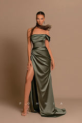 P1225 - Off-Shoulder Cap Sleeves Pleats Side Split Long Evening Prom Dress
