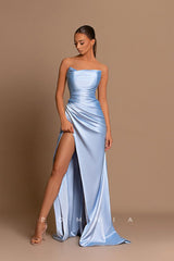 P1226 - Strapless Pleats High Slit Satin Sleeveless Long Prom Evening Dress