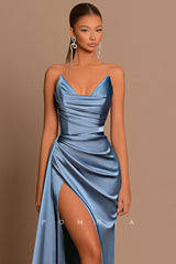 P1227 - Chic Strapless V-Neck Pleats Sleeveless Long Formal Evening Prom Dress with Slit