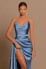 P1227 - Chic Strapless V-Neck Pleats Sleeveless Long Formal Evening Prom Dress with Slit