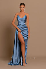P1227 - Chic Strapless V-Neck Pleats Sleeveless Long Formal Evening Prom Dress with Slit