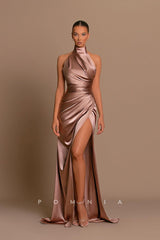 P1228 - High Neck Pleats Sleeveless Side Slit Satin Foemal Prom Evening Dress