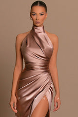 P1228 - High Neck Pleats Sleeveless Side Slit Satin Foemal Prom Evening Dress