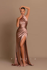P1228 - High Neck Pleats Sleeveless Side Slit Satin Foemal Prom Evening Dress