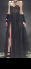 Modest A line Straps Black Lace Prom Dresses P1230