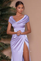 P1230 - Sheath/Column Cap Sleeves Pleats Long Prom Evening Dress with Slit