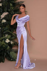 P1230 - Sheath/Column Cap Sleeves Pleats Long Prom Evening Dress with Slit
