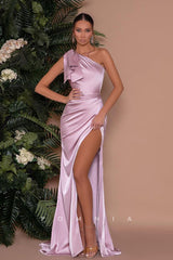 P1231 - One Shoulder High Split Pleats Satin Long Party Prom Evening Dress