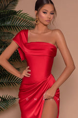 P1232 - Fitted One Shoulder Side Slit Ruched Prom Evening Formal Dress