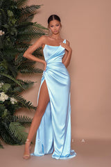 P1236 - Starpless Pleats High Slit Sleeveless Long Evening Formal Prom Dress