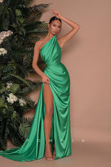 P1237 - Off-Shoulder Pleats Side Split Sleeveless Prom Party Evening Dress