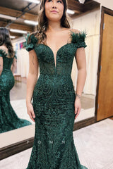 P1243 - Low V-Neck Mermaid Lace Appliques Prom Evening Party Dress with Feathers