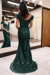 P1243 - Low V-Neck Mermaid Lace Appliques Prom Evening Party Dress with Feathers