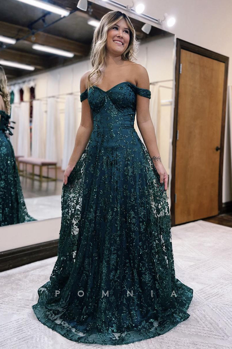 P1244 - A-Line Strapless Lace Appliques Long Prom Evening dress with Cap Sleeves