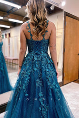 P1245 - Strking V-Neck A-Line Sleeveles Appliques Glitter Tulle Prom Party Dress