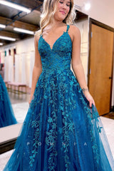 P1245 - Strking V-Neck A-Line Sleeveles Appliques Glitter Tulle Prom Party Dress