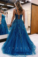 P1245 - Strking V-Neck A-Line Sleeveles Appliques Glitter Tulle Prom Party Dress