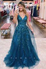 P1245 - Strking V-Neck A-Line Sleeveles Appliques Glitter Tulle Prom Party Dress