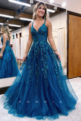 P1245 - Strking V-Neck A-Line Sleeveles Appliques Glitter Tulle Prom Party Dress