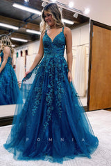 P1245 - Strking V-Neck A-Line Sleeveles Appliques Glitter Tulle Prom Party Dress