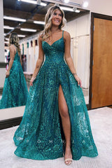 P1246 - Spaghetti Straps V-Neck Appliques A-Line Prom Evening Dress with Slit