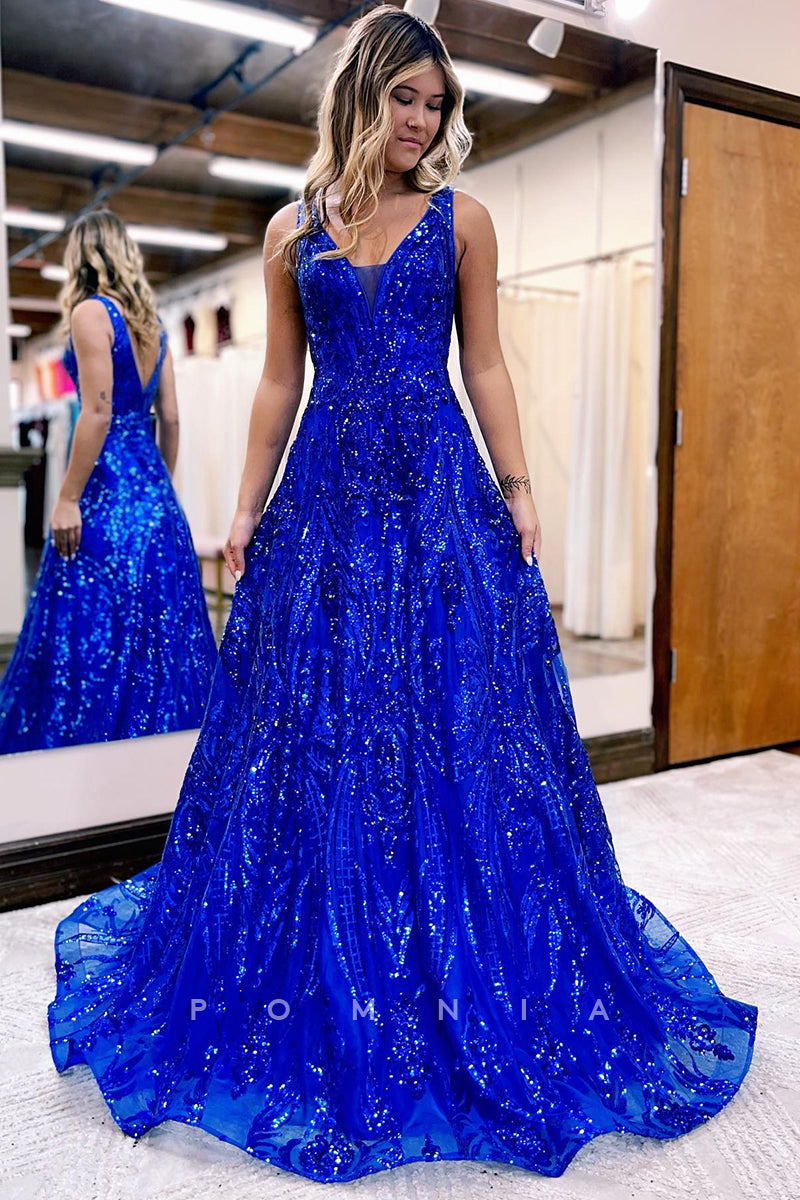 P1247 - A-Line Straps V-Neck Sequined Appliques Evening Party Prom Dress