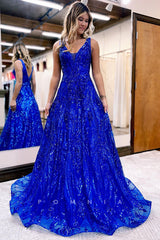 P1247 - A-Line Straps V-Neck Sequined Appliques Evening Party Prom Dress
