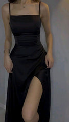 Simple Mermaid Straps Long Slit Black Prom Dresses P1247