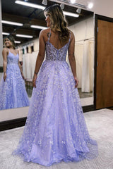 P1251 - A-Line Straps V-Neck Lace Appliques Empire Long Prom Party Dress
