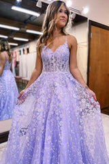 P1251 - A-Line Straps V-Neck Lace Appliques Empire Long Prom Party Dress
