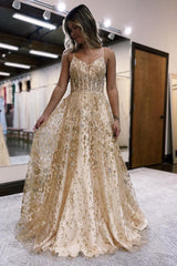 P1251 - A-Line Straps V-Neck Lace Appliques Empire Long Prom Party Dress