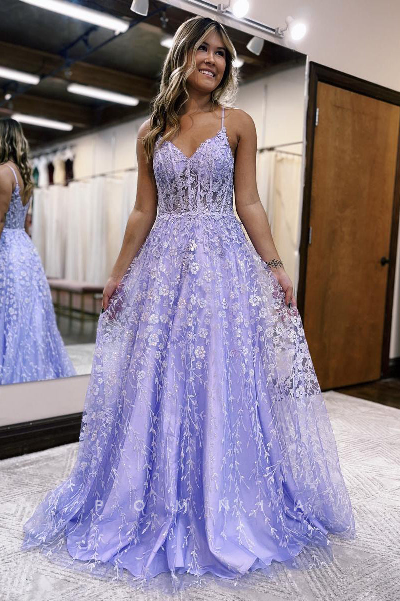 P1251 - A-Line Straps V-Neck Lace Appliques Empire Long Prom Party Dress