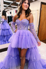 P1252 - High Low Strapless A-Line Tulle Sleeves Prom Party Dress with Train