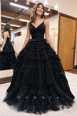 P1253 - Tiered Spaghetti Straps V-Neck Glitter Tulle Prom Evening Dress