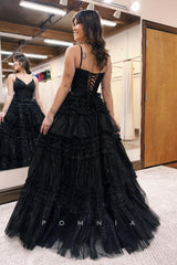 P1253 - Tiered Spaghetti Straps V-Neck Glitter Tulle Prom Evening Dress