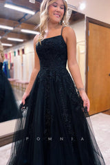 P1254 - Spaghetti Straps Scoop Appliques Tulle Sleeveless Prom Formal Dress