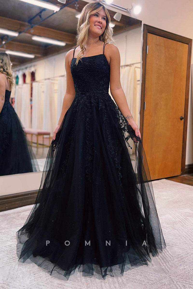 P1254 - Spaghetti Straps Scoop Appliques Tulle Sleeveless Prom Formal Dress
