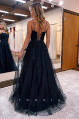 P1254 - Spaghetti Straps Scoop Appliques Tulle Sleeveless Prom Formal Dress