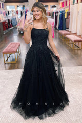 P1254 - Spaghetti Straps Scoop Appliques Tulle Sleeveless Prom Formal Dress