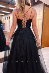 P1254 - Spaghetti Straps Scoop Appliques Tulle Sleeveless Prom Formal Dress