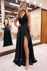 P1255 - Deep V-Neck Straps A-Line Top Sequined Split Prom Party Dress with Pockets